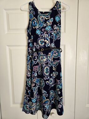 Tommy Hilfiger Navy Floral Midi Dress with Belt
